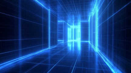 Poster - Virtual Corridor Made of Glowing Blue Lines Showcasing a Modern, Futuristic Design in a Dark Environment