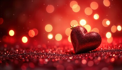 Poster - Red glitter heart on red glitter background with defocused lights. Festive, romantic scene suitable for holiday celebrations, Valentines Day. Sparkly texture with glow, shine perfect for party