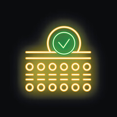 Poster - Glowing neon icon of successful data verification process represented by abstract microchip with check mark