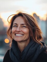 Wall Mural - Smiling woman with shoulder-length hair enjoys a sunset in an urban environment, highlighting a moment of joy and peace during evening hours