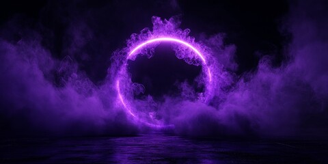 Poster - Vibrant Purple Smoke Forms a Mystical Circular Portal at Night, Surrounded by a Dark Backdrop and Shimmering Reflections