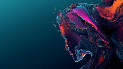 Poster - Digital Artwork Depicting a Swirling Abstract Figure That Resembles a Female Profile With Vibrant Colors and Fluid Shapes Against a Dark Background