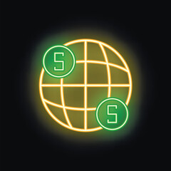Poster - Glowing neon icon depicting a stylized globe with dollar coins, symbolizing international finance and global money transfers