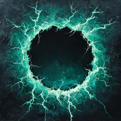 Poster - Abstract Art Depicting a Glowing Turquoise Circular Void With Lightning-Like Patterns on a Dark Background in a Modern Artistic Style