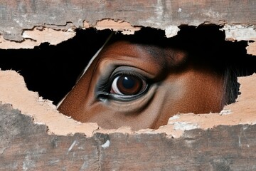Poster - A close-up of a horse face, showing its soulful brown eyes and soft, shiny coat, framed by a rustic barn background