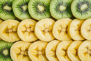 Aufkleber - A vivid and symmetrical composition showcasing neatly sliced kiwi and banana pieces, creating a visually appealing pattern with vibrant colors and smooth textures.