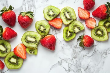 Aufkleber - Strawberries and kiwi slices are randomly scattered on a marble background, highlighting their vibrant colors and natural shapes in a casual and artistic manner.