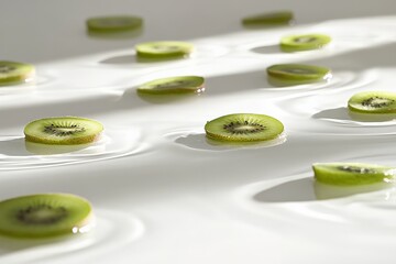 Poster - Kiwi slices are artistically arranged to float on the surface of water, beautifully illuminated by sunlight, creating an ethereal and refreshing visual effect.