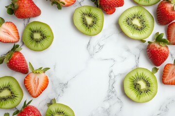 Aufkleber - An artistic and symmetrical layout of whole strawberries and kiwi slices on a marble background, emphasizing freshness and vibrant colors in a pleasing pattern.