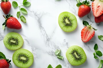 Aufkleber - Fresh kiwis and strawberries are strategically placed with mint leaves scattered on a marble background, creating a refreshing and vibrant arrangement.