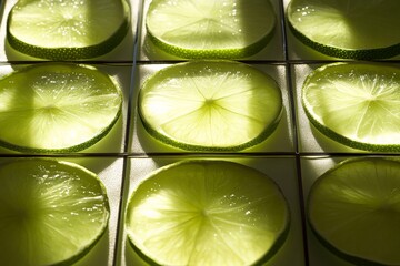 Fototapete - A closeup of lime slices lit from behind, showcasing their translucent texture and vibrant green color, creating a fresh and invigorating visual effect.