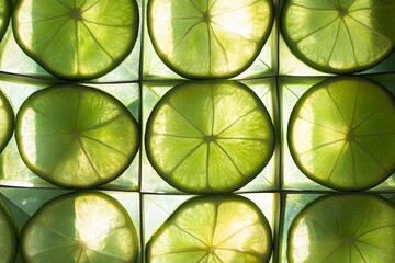 Fototapete - Closeup image of backlit lime slices arranged in a symmetrical pattern, highlighting the intricate details and vibrant colors of this fresh citrus fruit.