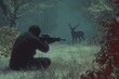 © Thanyarat - A detailed 3D illustration of a hunter crouched in a forest, aiming a rifle, with a deer barely visible in the distance