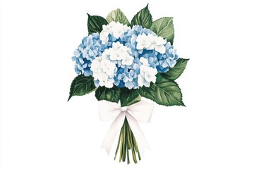 Aufkleber - A flat 2D illustration of a hydrangea bouquet tied with a pastel ribbon, set against a clean white background