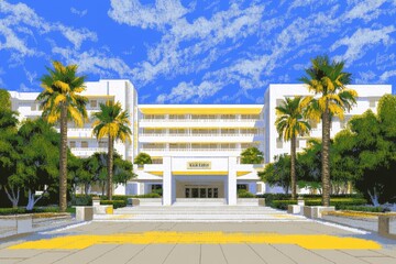 Aufkleber - A flat design of a modern hotel facade with clean lines, a simple color palette, and a welcoming entrance