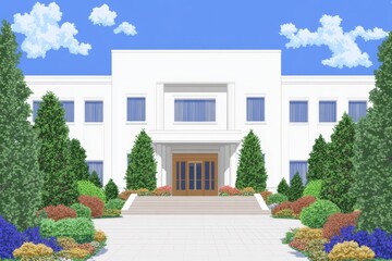 Aufkleber - A flat design of a modern hotel facade with clean lines, a simple color palette, and a welcoming entrance