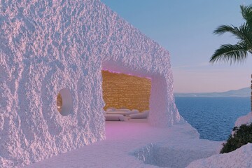 Poster - A futuristic holiday destination with glowing holographic palm trees, floating lounges, and a serene virtual ocean