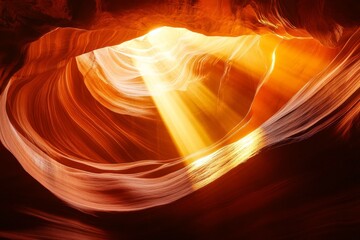 Poster - Golden rays of sunlight penetrate through curving sandstone canyon walls, creating a stunning visual with vibrant and warm colors that evoke curiosity and awe.