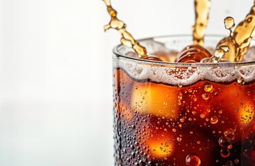 Poster - Close-up view of soda drink in glass with ice cubes. Sparkling liquid with bubbles. Splash of soda visible. Drink cold, refreshing. Transparent glass. Lots of small bubbles. Bright white background.