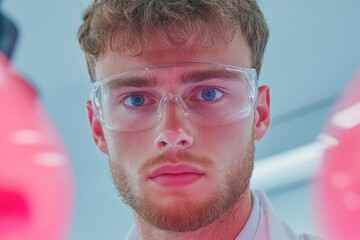Poster - A human scientist in a lab coat, examining a glowing sample under a microscope in a futuristic lab setting