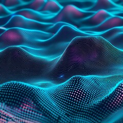 Poster - Digital Landscape Visualization Showcases Vibrant Waves in a Futuristic Style, Illuminated by Blue and Purple Light Patterns Creating Depth and Texture