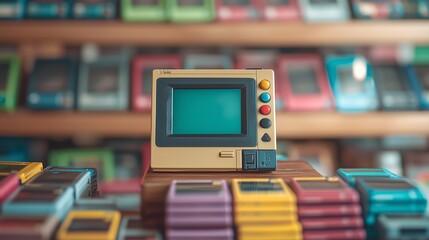 Vintage handheld game console on display with colorful background