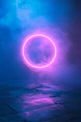 Poster - Neon Circular Light Installation With Fog Creating an Atmospheric Effect in a Dark Urban Setting