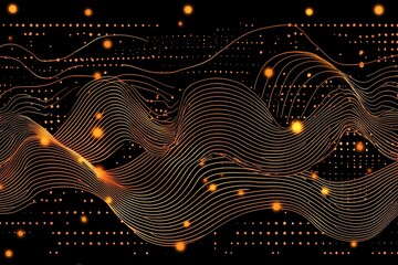 Poster - Dynamic Golden Wave Patterns With Glowing Dots Create an Abstract Design in a Dark Background Showcasing Modern Digital Art Trends