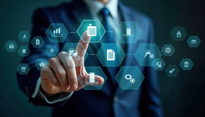 Aufkleber - Businessman interacts with digital documents management system interface. Visual display shows various data management tools. Online tech solutions for company data handling. Modern business concepts