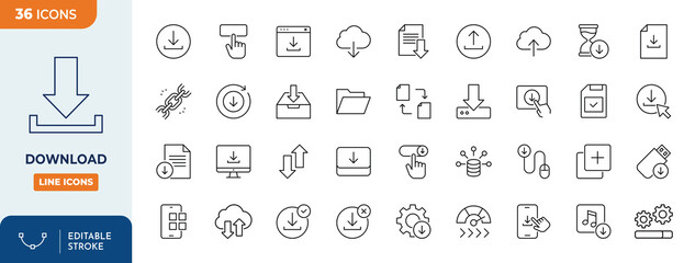 Download line editable icon set. Containing upload, document, link, download file, folder, data and more. Vector Illustration