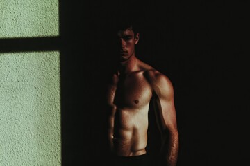 Poster - A shadowy depiction of a human body standing in a dimly lit room, with sharp contrasts of light and dark creating a dramatic mood