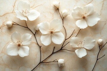 Poster - A thin branch adorned with delicate white flowers and budding blossoms against a soft, textured background, epitomizing simplicity and elegance in nature's design.