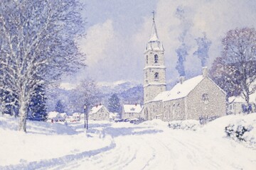 Poster - A soft watercolor painting of a snowy village with glowing lights and smoke rising from chimneys, set against a pastel winter sky
