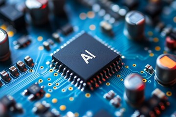 Aufkleber - Close-up View of a Microchip Featuring AI Technology on a Circuit Board in a Tech Innovation Laboratory During the Daytime