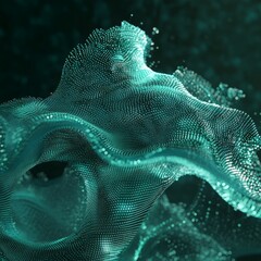 Poster - Ethereal Visualization of Flowing Turquoise Particles Creating a Dynamic and Abstract Texture Against a Soft Dark Backdrop