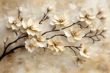 Aufkleber - This serene image captures a branch with delicate blossoms set against a soft, textured background, offering a blend of tranquility, elegance, and natural beauty.