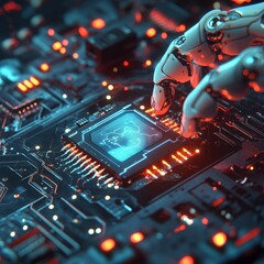 Poster - Robotic Hand Interacting With a Computer Chip on an Intricate Circuit Board in a Futuristic Environment