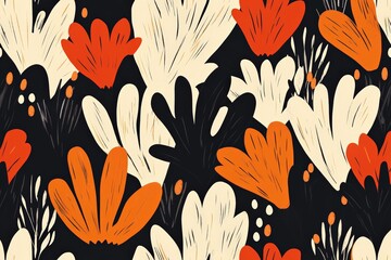 Poster - Bold floral pattern featuring a mix of abstract orange and cream flowers against a dark background, creating a striking visual with modern appeal.
