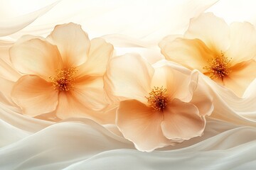 Poster - Three peach-colored flowers gracefully float over a soft, wavy backdrop, evoking a sense of serenity and elegance in this artistic visualization.