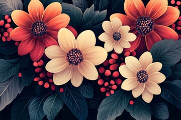 Aufkleber - This vibrant image showcases large red and cream flowers accompanied by clusters of red berries, contrasting beautifully against lush, dark green foliage.