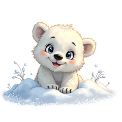 Canvas Print - Charming cartoon polar bear cub playfully emerging from a snowy background, digital art of character design concept.