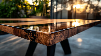 Poster - Elegant wooden table with sleek finish reflecting sunset near modern architecture