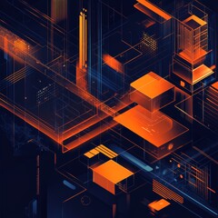 Aufkleber - Abstract Geometric Patterns Featuring Orange and Blue Colors Create a Striking Digital Landscape With Modern Design Elements