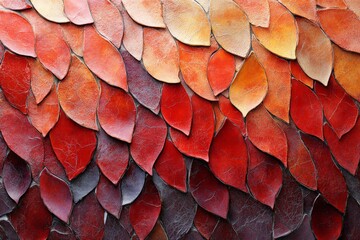 Poster - A vibrant composition showcasing abstract overlapping leaves, each uniquely textured, blending warm hues of red, orange, and yellow in a mosaic-like pattern.