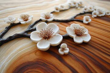 Poster - A creative sculpture of cherry blossoms carved meticulously on a wood-textured surface, showcasing the intricate craftsmanship and timeless elegance of nature in art form.