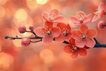 Aufkleber - A stunning branch of vibrant orange cherry blossoms in focus with a beautifully blurred background, creating a serene and captivating contrast.