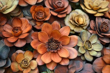 Aufkleber - This captivating image features an array of earth-toned wooden flowers, each carefully crafted and detailed, offering a natural, artistic representation of floral beauty.