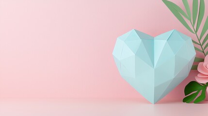 Poster - Beautiful Geometric Heart Sculpture With Floral Accents on a Pastel Pink Background