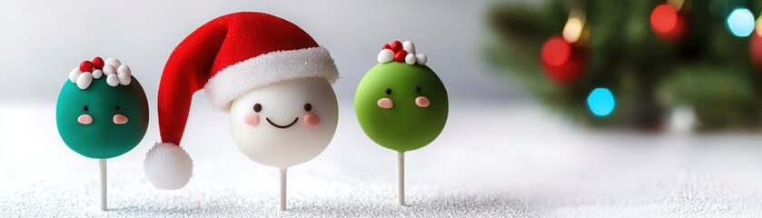 Wall Mural - Festive cake pops wear Santa hats, decorated in vibrant colors, set against a soft snowy background with a Christmas tree.