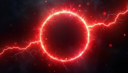 Poster - Red abstract circle ring with swirling glow particles, plasma lightning effects. Energetic visual effect on black background. Great for tech sci-fi projects. Dynamic design element for digital media